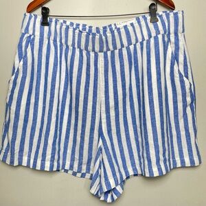 Sonoma Pull On Linen Shorts Women's 1X Blue White Striped High Rise Travel NWT